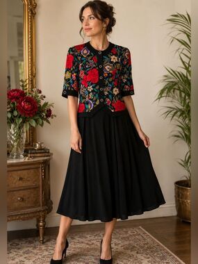 Vintage David Warren Floral Midi Dress Size 6 Black Union Made USA